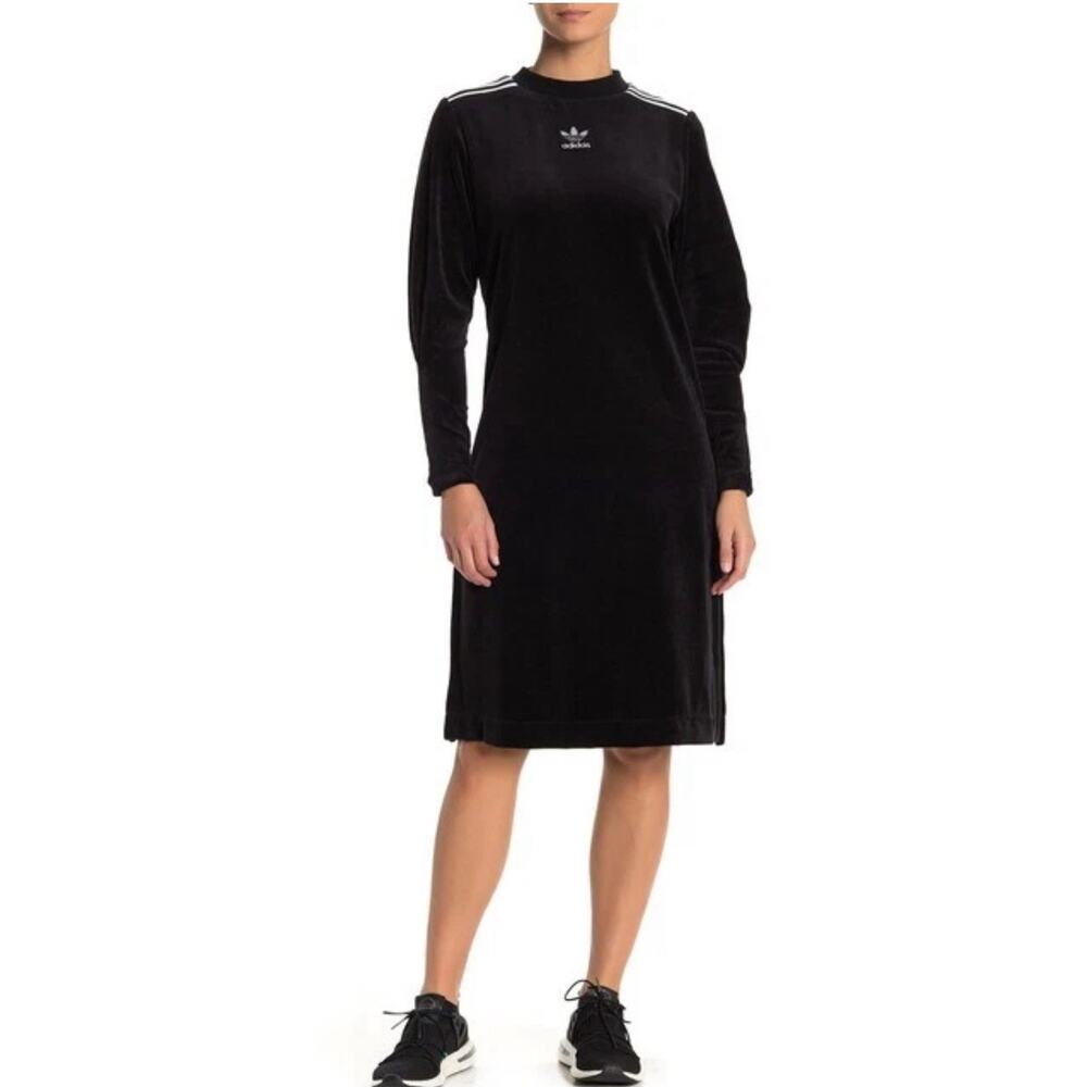 ADIDAS Originals BLACK VELOUR SWEATER‎ DRESS size Large Modest Athletic